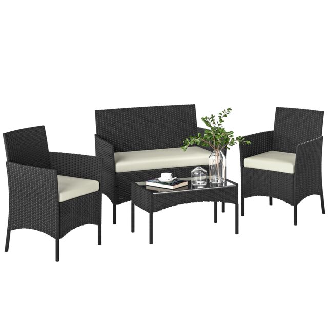 Outsunny 4 Piece Rattan Garden Furniture Sofa Set with Cushions, Cream White Cream Cream White 102W x 58D x 82H cm (Loveseat), 58W x 58D x 82H cm (Chair), 70L x 40W x 39H cm (Table)