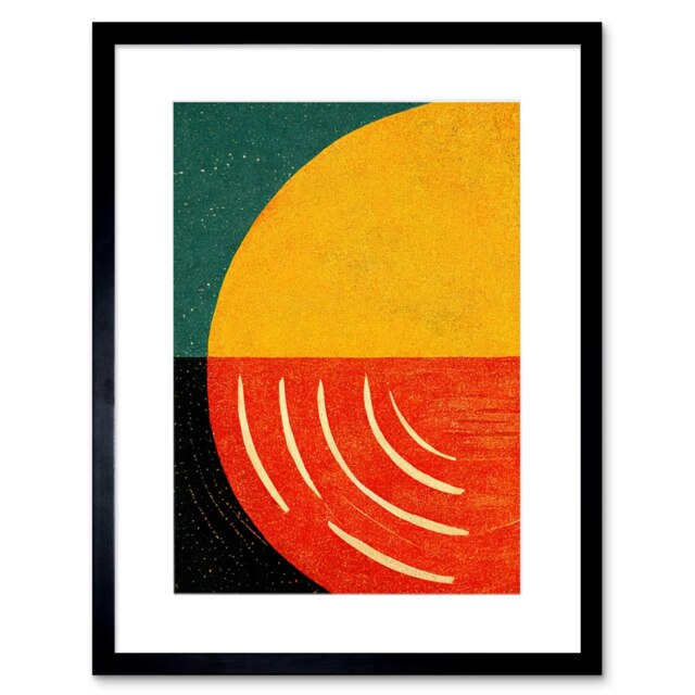 "Simple Bold Abstract Painting Teal Mustard Coral Black 9x7"" Black Framed Wall Art Print"
