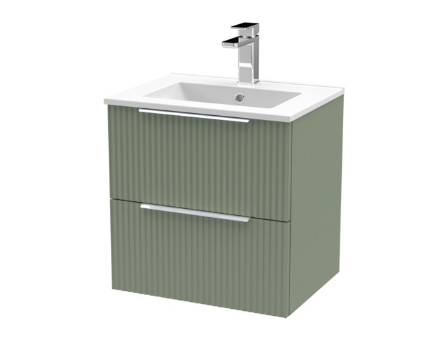Balterley Tixall Fluted 2 Drawer Wall Hung Vanity Unit with Minimalist Basin, Satin Green, 500mm