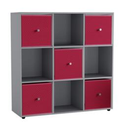 9 Cube Wooden Bookcase Shelving Unit with 5 Collapsible Fabric Drawers Multi Grey & Fuchsia 1