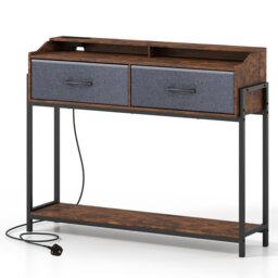Console Table with Charging Station, 110 cm Narrow Entryway Table with 2 Drawers & Shelves, Industrial Behind Couch Table with USB Ports for Living Room Hallway, Rustic Brown/Grey