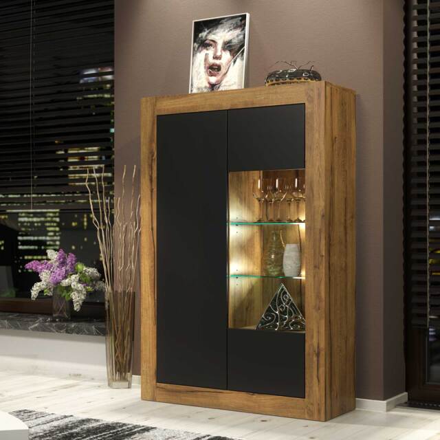 Sideboard Cabinet Storage Cupboard Display Cabinet Oak Black Matt Doors Free LED Living Room Furniture 140cm