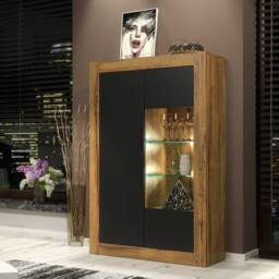 Sideboard Cabinet Storage Cupboard Display Cabinet Oak Black Matt Doors Free LED Living Room Furniture 140cm