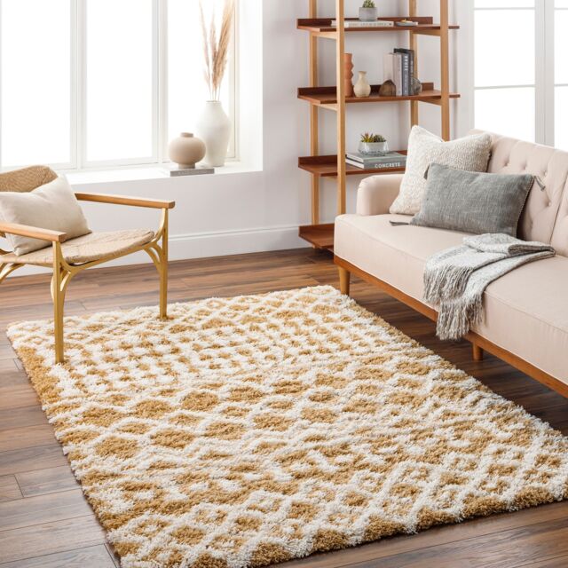 LIVABLISS Urban Shaggy-Geometric Soft Plush Pile Rug 200 x 290 cm Camel Ivory