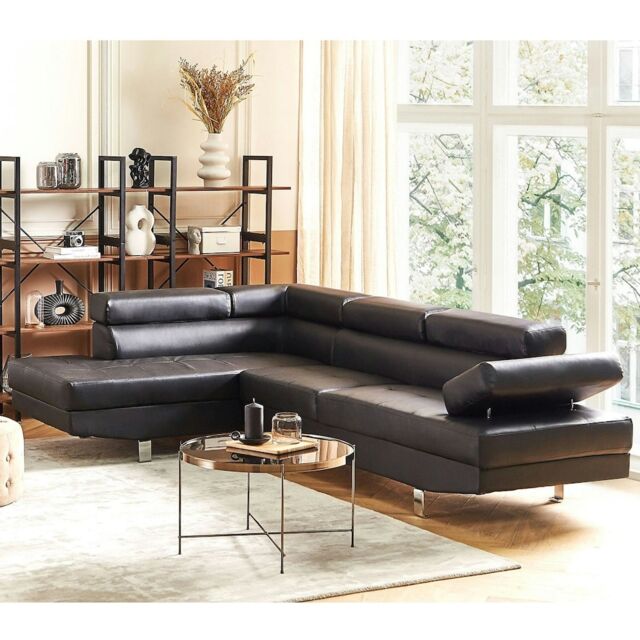Fidenza Leather Corner Sofa Adjustable Headrests, L-Shaped Sectional, Contemporary Living Room Seating, Left Hand Facing Black Four Seater