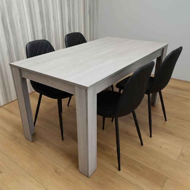 Modern Grey Dining Table and 4 Black Faux Leather Chairs Set