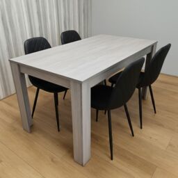 Modern Grey Dining Table and 4 Black Faux Leather Chairs Set