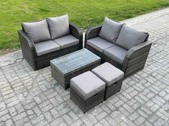 Fimous Rattan Garden Furniture Set 6 Seater Patio Outdoor Lounge Sofa Set with Rectangular Coffee Table 2 Small Footstools Dark Grey Mixed