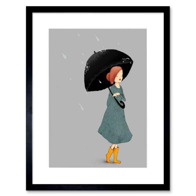 "Grey Weather Girl Rain Boots Wellies Black Umbrella 9x7"" Black Framed Wall Art Print"