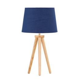 Voyage - Light Oak Table Lamp or Bedside Light with Navy Blue Shade Brown Blue Large 1