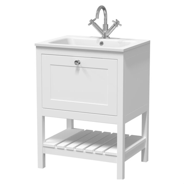 Balterley Coppenhall Contemporary 1 Drawer Floor Standing Vanity Unit with Stone Basin, Pure White, 600mm