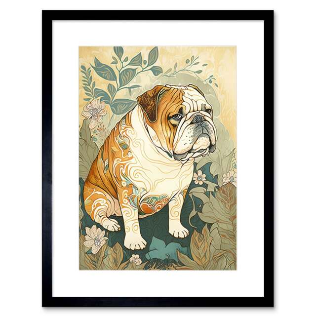 "Bulldog Ornate Pattern Fur Coat Flower Field 9x7"" Black Framed Wall Art Print"
