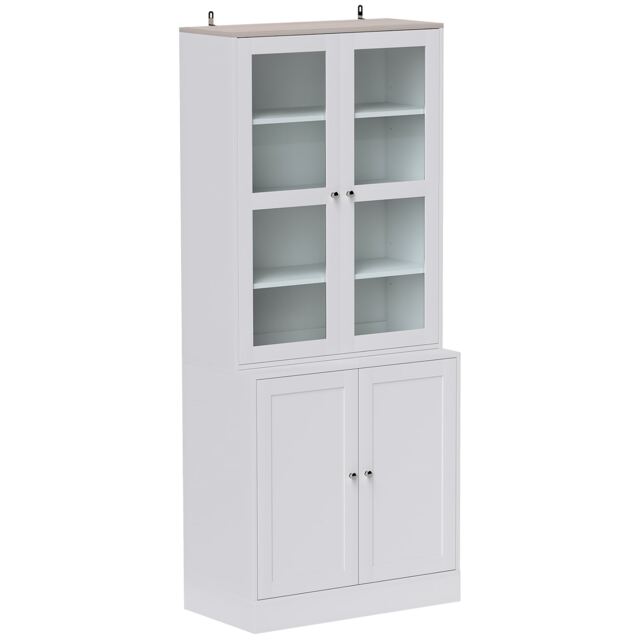 HOMCOM Modern Bookcase with Glass Doors, Display Storage Cabinet with Adjustable Shelves for Living Room, Study, Home Office, Kitchen Cupboard with Small Open Counter, White and Natural White White and Natural