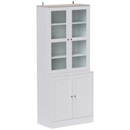HOMCOM Modern Bookcase with Glass Doors, Display Storage Cabinet with Adjustable Shelves for Living Room, Study, Home Office, Kitchen Cupboard with Small Open Counter, White and Natural White White and Natural