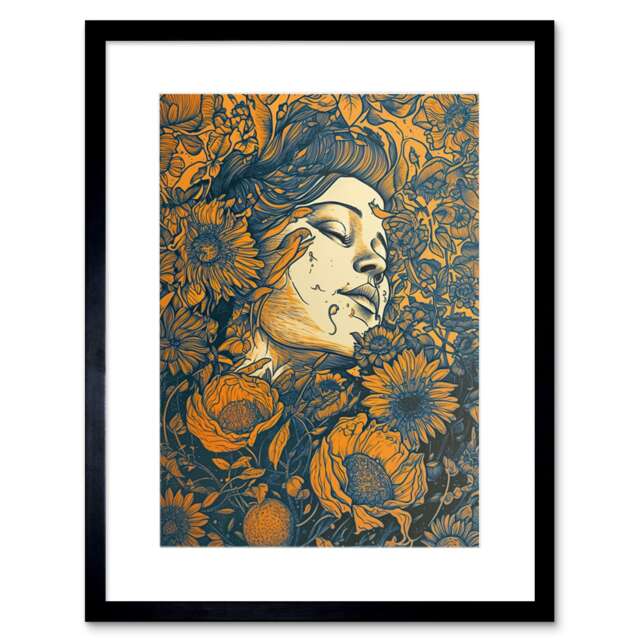 "Resting Woman Loving Spring Floral Boho Duotone 9x7"" Black Framed Wall Art Print"