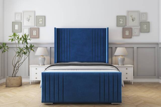 "Sloomy Camden Navy Plush Bed Frame With Mattress With 50"" Upholstered Wingback Headboard 2'6 Small Single"