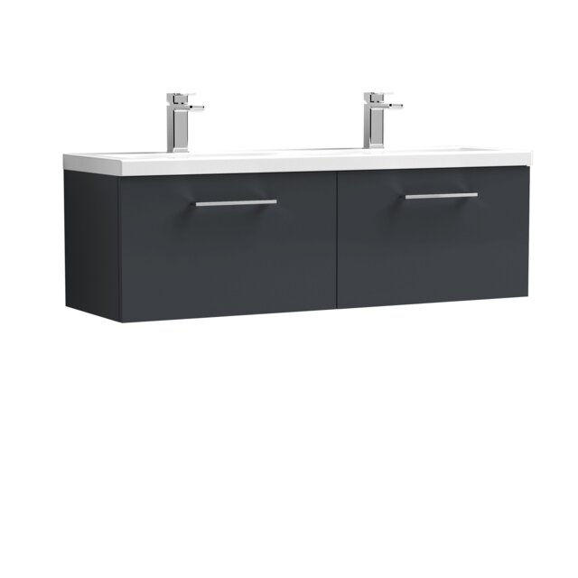 Balterley Level Wall Hung 2 Drawer Vanity Unit with Double Basin for Modern Bathroom Storage Grey Satin Soft Black