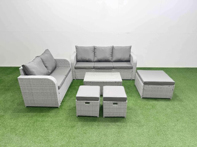 Fimous 8 Seater PE Rattan Wicker Garden Furniture Patio Conservatory Sofa Set with Rectangular Coffee Table 3 Seater Sofa Love Sofa 3 Stool