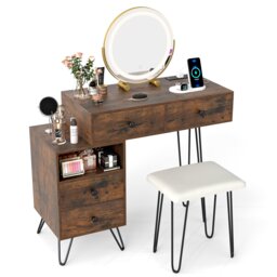 COSTWAY Makeup Vanity Desk Modern Dressing Table Set Mirror and Lights Brown