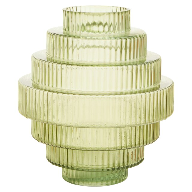 Interiors by Premier Tiered Large Green Glass Vase, Eye Catching Layered Modern Vase, Ribbed Glass Vase, Decorative Vase Green
