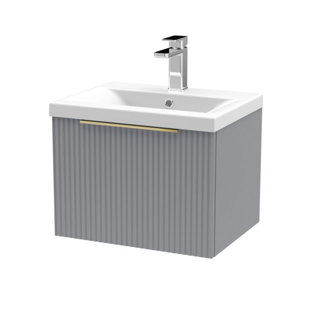 Balterley Fluted Front Wall Hung Single Drawer Bathroom Vanity Unit with 1 Tap Hole Basin - Handles Grey Satin Grey
