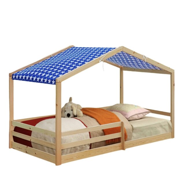 3ft Single Wooden House Bed In Pine With Blue Tent
