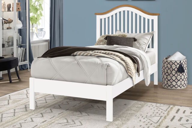 3ft Single White & oak finish chunky, strong solid wood wooden bed frame.Curved headboard head end, low foot end board