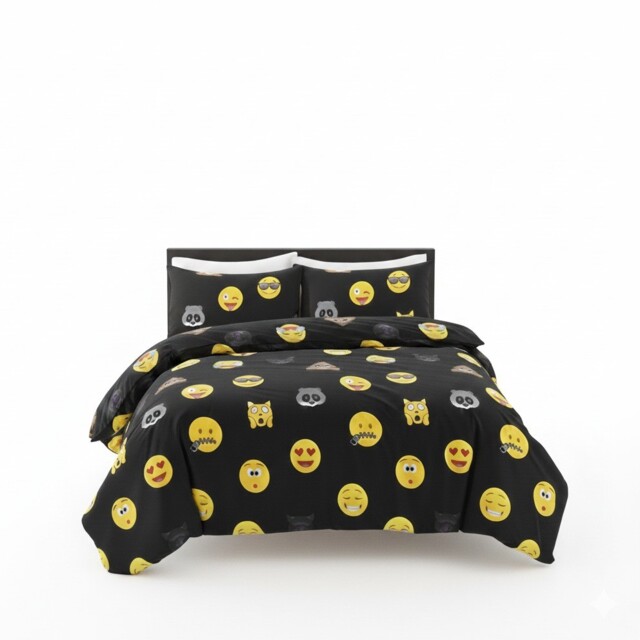 Emoji Print Duvet Cover Set Cool Playful Bedding with Pillowcases Black Super King