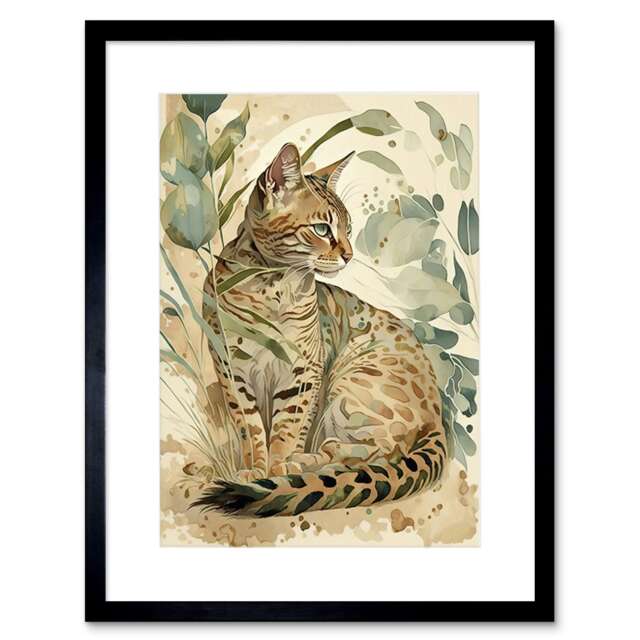 "Spotted Fur Coat Bengal Cat Nature Pastel Watercolour 9x7"" Black Framed Wall Art Print"