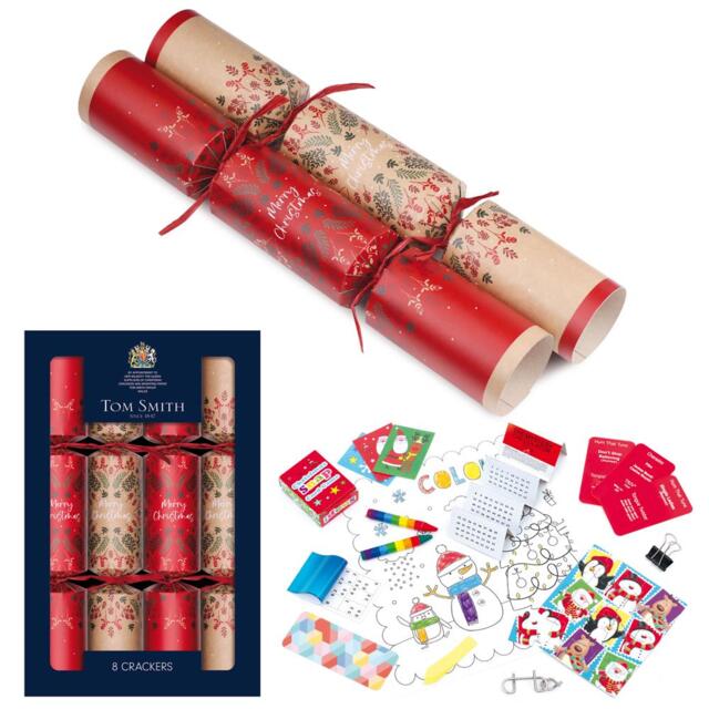 "Pack of 8 12.5"" Red and Kraft Christmas Family Crackers"