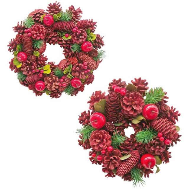 Christmas Wreath Festive Decoration with Jute Hanger Traditional Pinecone Decor Multi Red, Apple & Berry 25cm 1