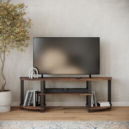 Wide TV Unit Stand S-Tube Entertainment Centre with Storage Shelf Black Rustic Brown Not provided 1