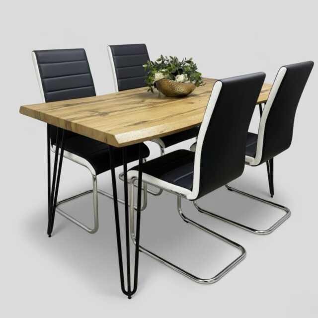 Modern Dining Table Set With 4 Black Faux Leather Chairs Kitchen Room Furniture