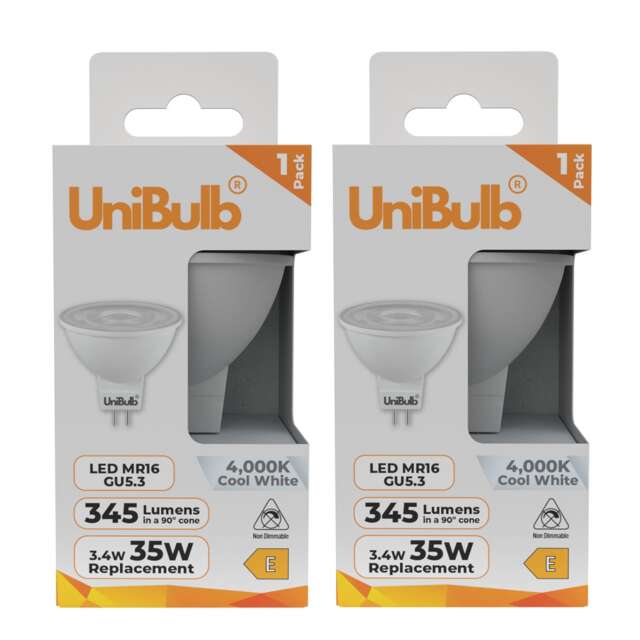 UniBulb LED MR16 GU5.3 345lm 3.4W (Replaces 35W) 4000K (Cool White) Spot Downlight Ceiling Light Bulb - Pack of 2