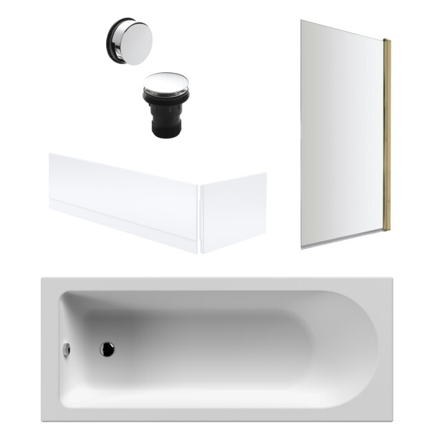 Round Single Ended Bath, Brushed Brass Screen, Panels, Chrome Waste - 1700x700mm White