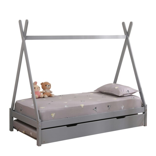 Harry Kids Childrens Grey Wooden Teepee Single Bed Frame with Guest Trundle Grey Grey Single