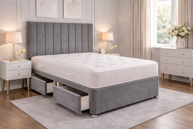6FT Superking Grey Plush Divan Bed With Panel 26inch Headboard and Orthopeadic Mattress 2 Drawers Same Side
