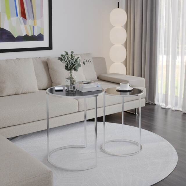 2 Piece Round Nesting Side Tables Set Tempered Glass Top Metal Leg Coffee Tables Multi Chrome Legs Black Glass