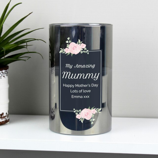 Personalised Floral Smoked Glass LED Candle White