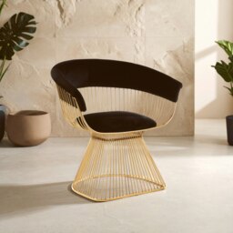 Orsina Black Velvet and Gold Finish Chair, Easy to Clean Small Velvet Chair, Large Black Steel Frame Armchair