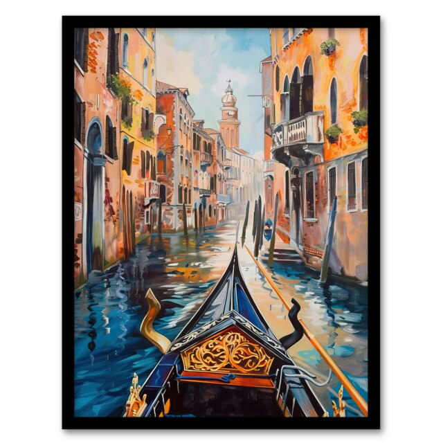 Venice Canal Gondola Ride View Oil Living Room Black Framed Wall Art Print A4