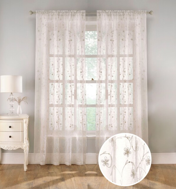 Pair of Belle Cream Sheer Floral Embroidery Voile Panels with Rod Pocket Header 183 CMS