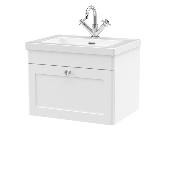 Balterley Swynnerton Traditional 1 Drawer Wall Hung Vanity Unit with Fireclay Basin, Satin White, 600mm