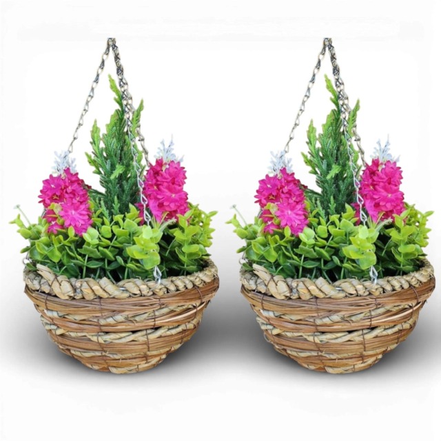 Pair Of Best Artificial 25cm / 10 Inch Faux Pink Hyacinth Decorative Hanging Baskets - Suitable for Outdoor Use Red Red 1
