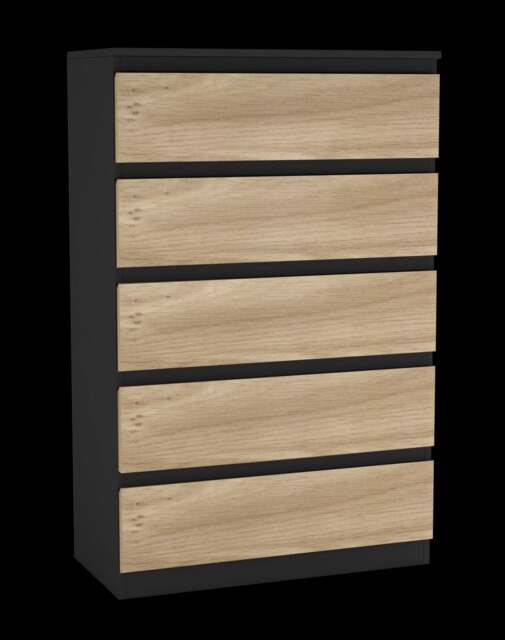Minimalist Chest of 5 Drawers 108.5x70x35 Black Black & Oak 1