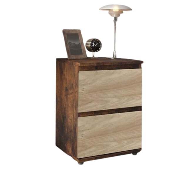 URBNLIVING 2 Drawer Bedside Cabinet Handle Free Nightstand Multi Rustic Brown Carcass + Oak Drawers 1