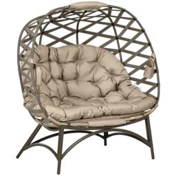 Outsunny 2 Seater Egg Chair Outdoor with Cushion, Cup Pockets - Khaki