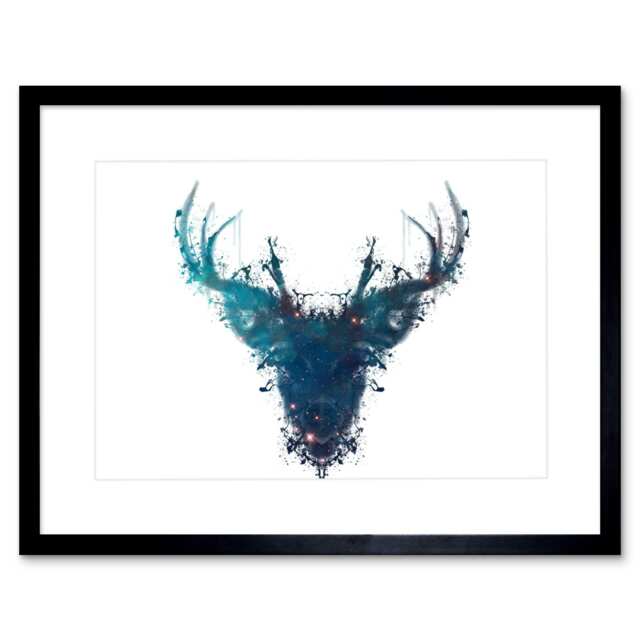 "Ink Splat Stars Double Exposure Deer Stag Head 9x7"" Black Framed Wall Art Print"