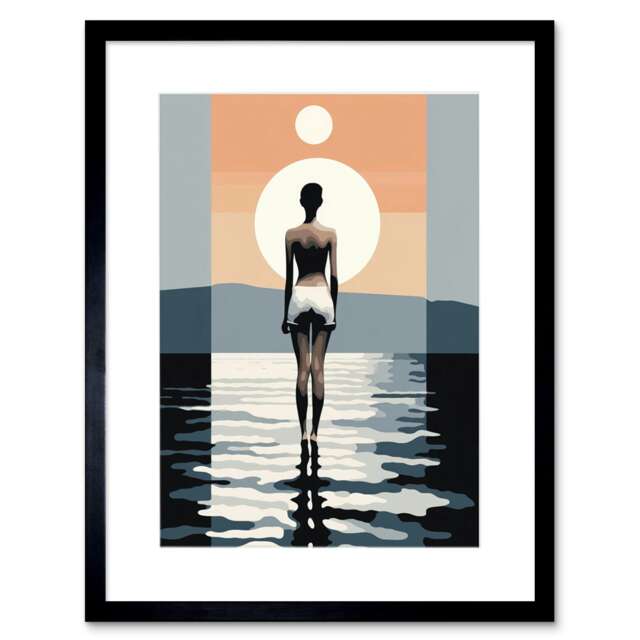"Sea is Calling Wild Swimming Modern Abstract Sun Moon 9x7"" Black Framed Wall Art Print"