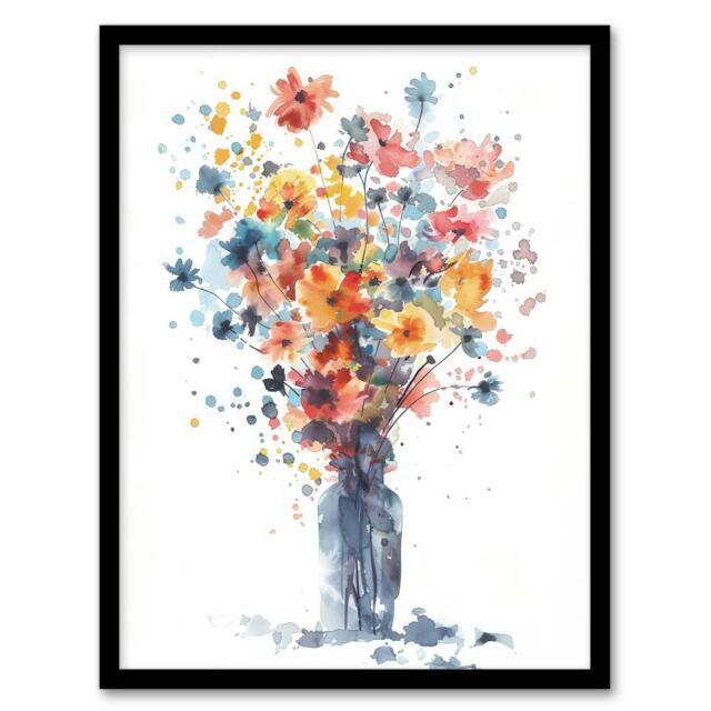 Wildflower Bouquet Vase Abstract Watercolour Black Framed Wall Art Print A4
